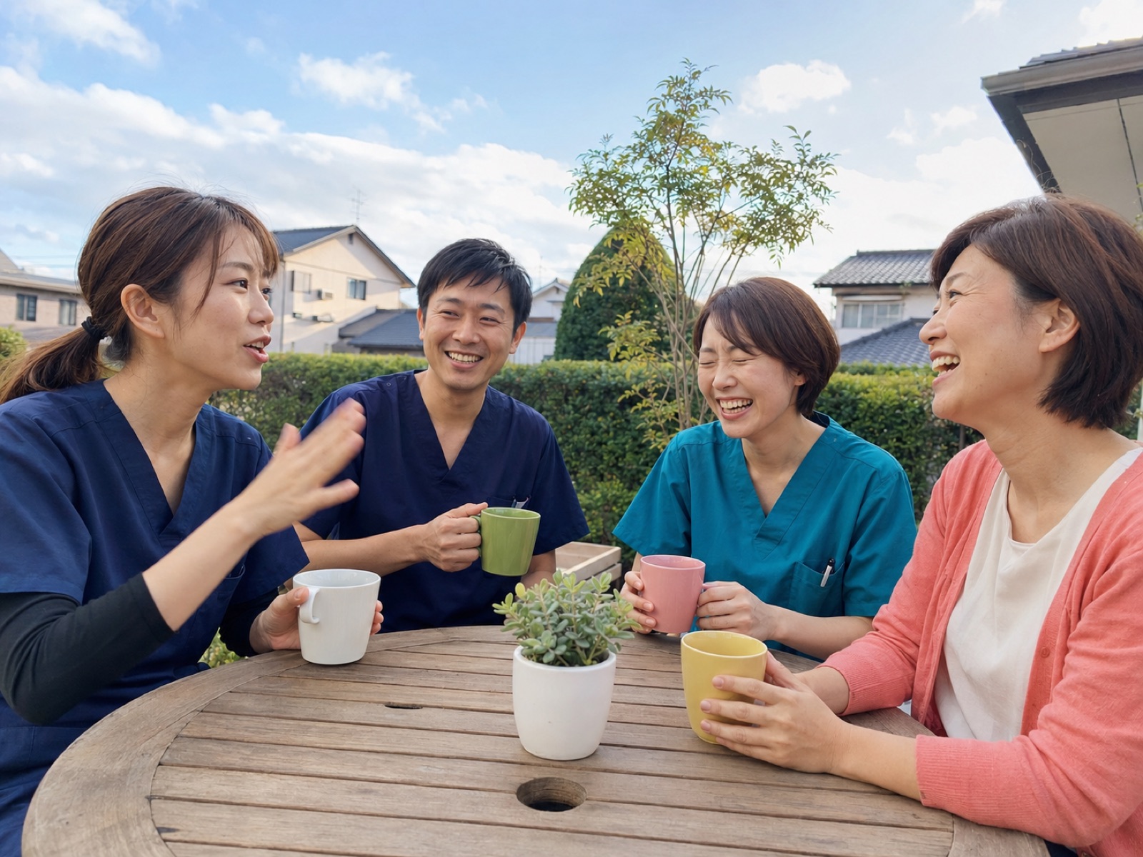 訪問看護に関わる仲間が食事を囲んで話すオフライン交流会のイメージ